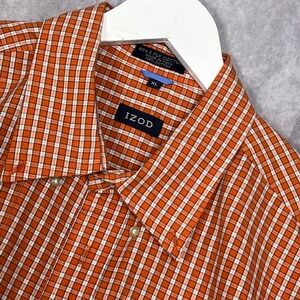 IZOD Button Down Shirt Mens XL Orange Excellent 80s 2-Ply Cotton Grid Check LS